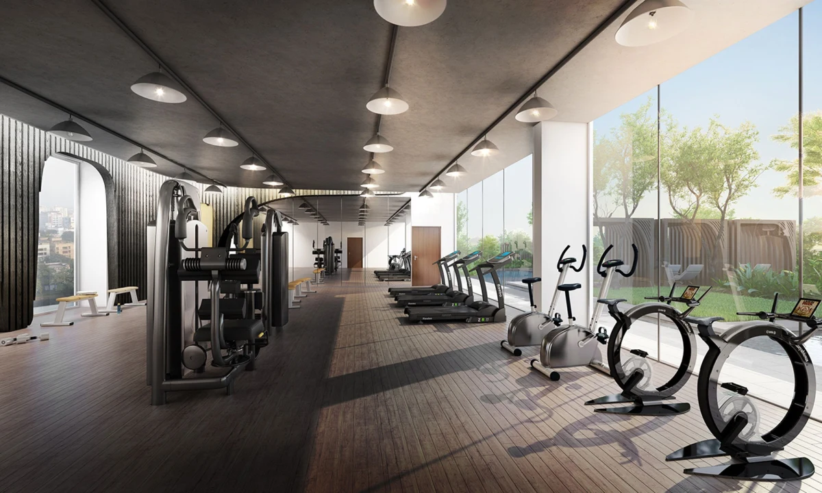 Gym interior rendering with exercise bikes and treadmills