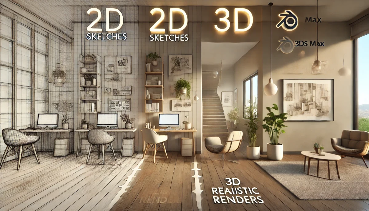 Interior visualization showing the transition from 2D sketches to 3D renders