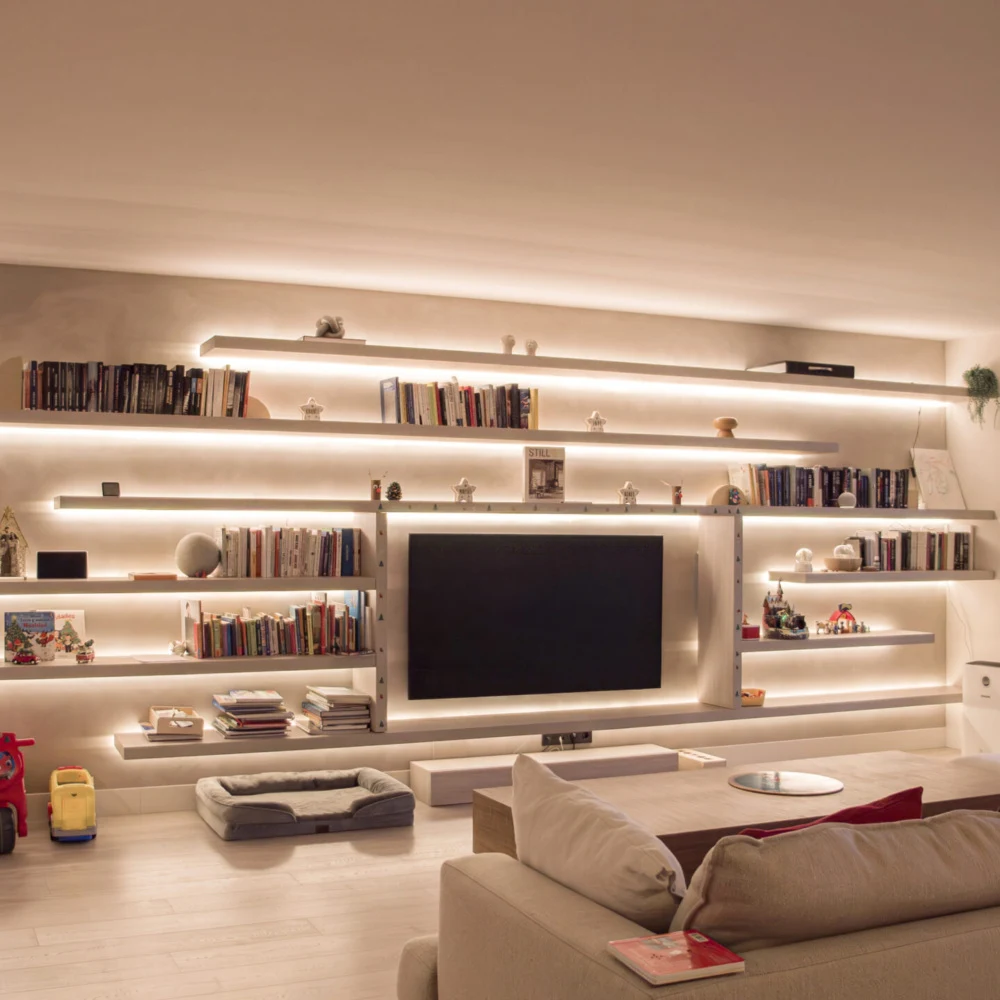 Casa JR living room with illuminated television shelving