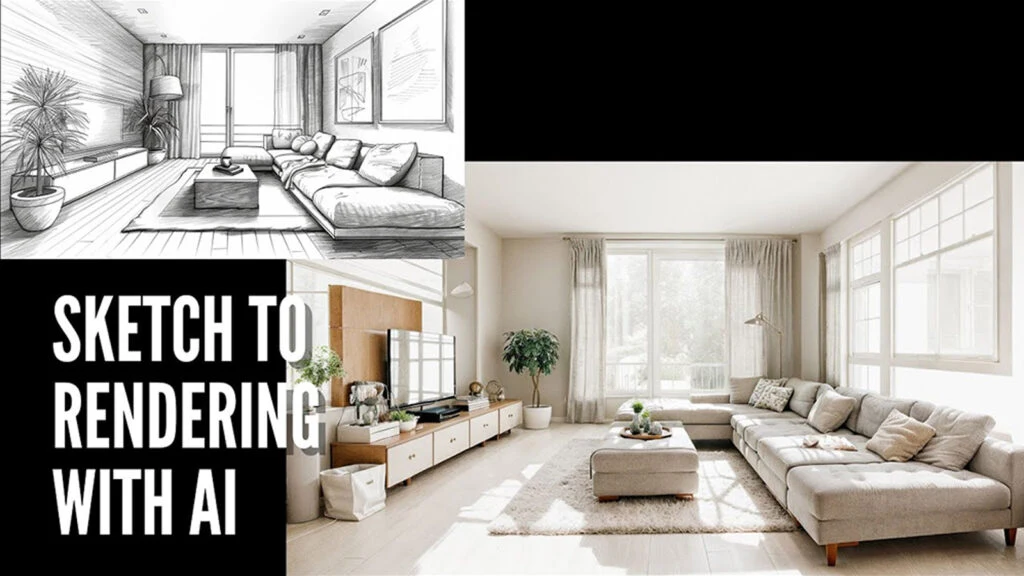 Comparison of an interior sketch and a finished rendering