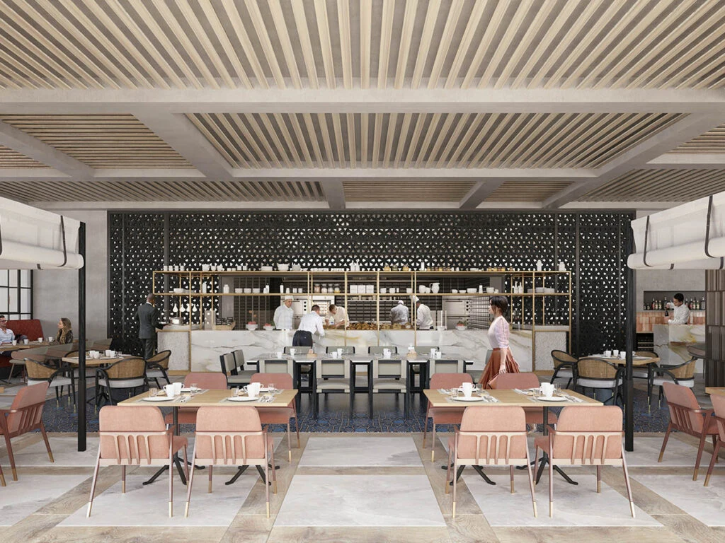 Restaurant with timber ceiling and central bar
